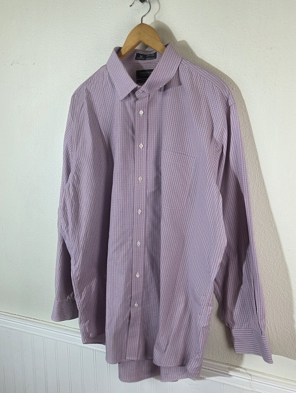 Nordstrom Mens Shop Traditional Fit Dress Shirt 17.5 34 Red Blue Check Cotton